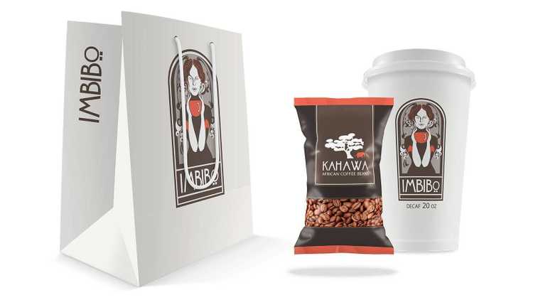 Imbibo Cafe Package Design Imbibo logo and artwork rendered on a paper bag, coffee bag, and coffee cup.