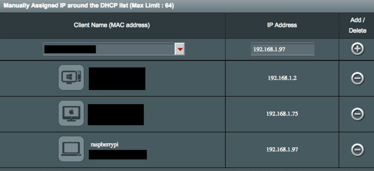 Manually assign IP address to device Screenshot of IP management for a router