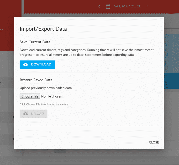 Simple Tracker - Import/Export Data Showing settings for importing and exporting timer data.