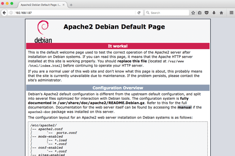 Apache on a Raspberry Pi Screenshot of the default Apache index page
