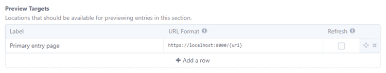 Configure Craft CMS Preview Option Screenshot of Craft CMS preview options.