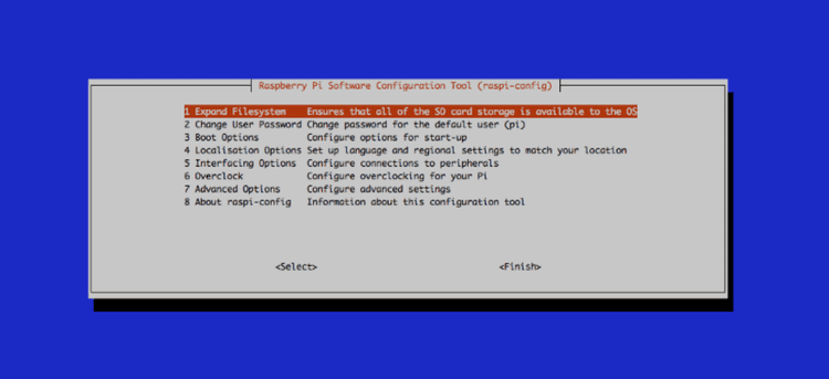 Raspberry Pi Software Configuration Tool Screenshot showing a list of menu option within the raspberry pi configuration tool