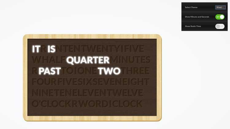 Wordclock Theme Clock displayed with a wooden theme.